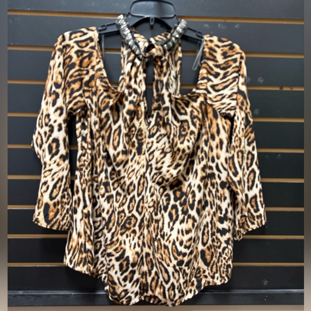 Bold Elements Leopard Print Off-Shoulder Beaded Neckline Top – Size L